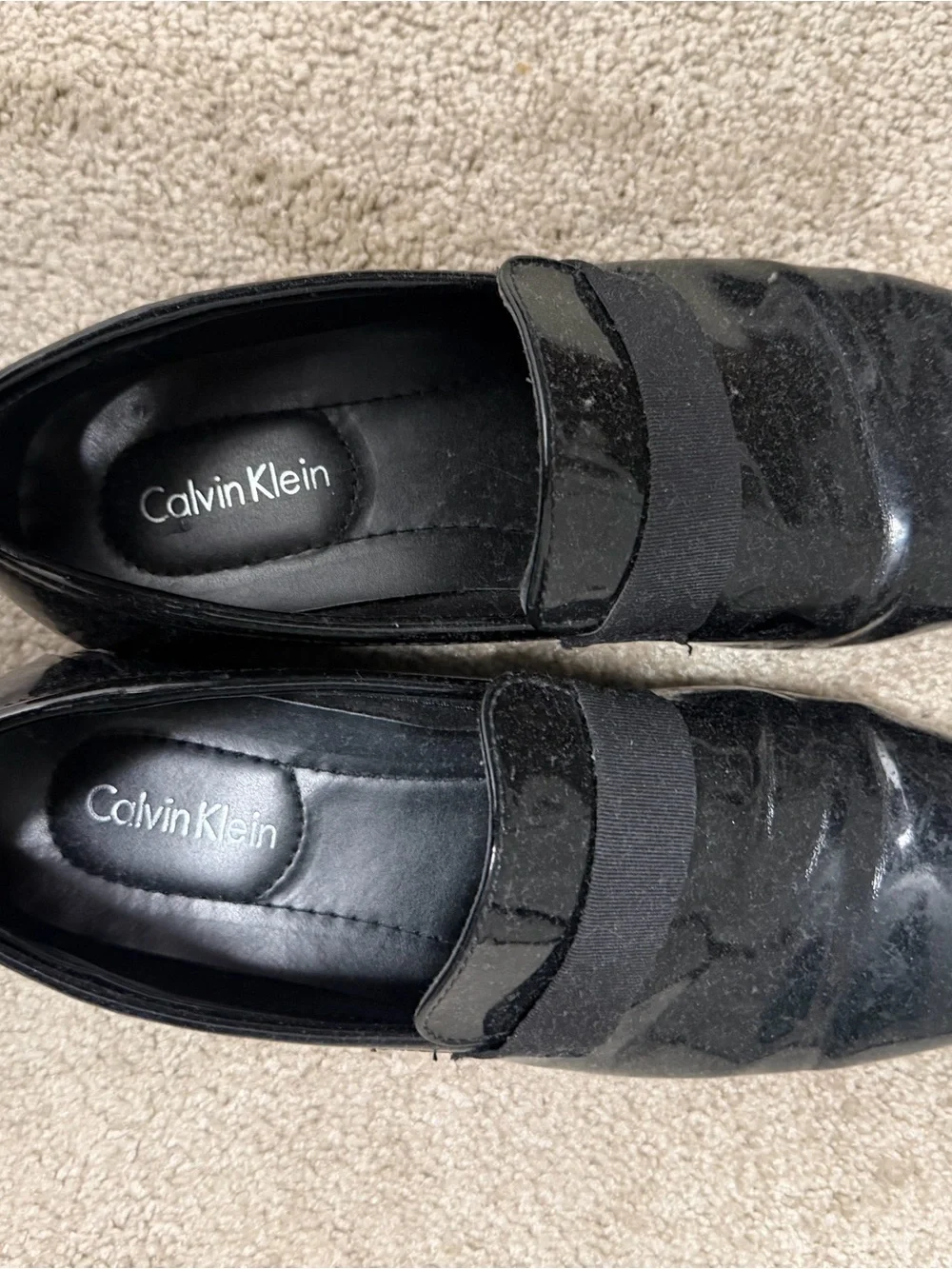 Calvin Klein Black Patent Slip-On Loafers with Elastic Band